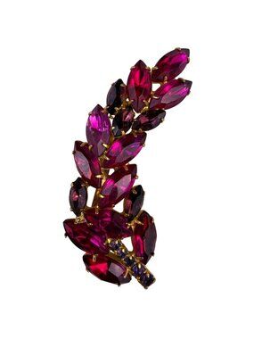 Vintage Art Deco Pink Glass Gold Tone Leaf Brooch Pin Womens Jewelry Gift